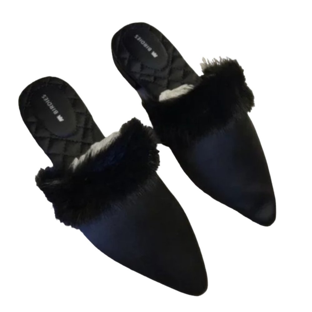 Birdies The Dove Onyx Womens Fur Pointed Toe Slip On Mules, Brand New In Box - Picture 5 of 5